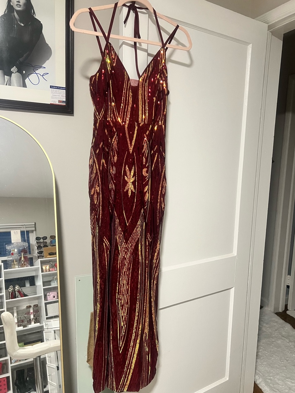 Haute Monde Burgundy and Gold Sequin Maxi Dress
